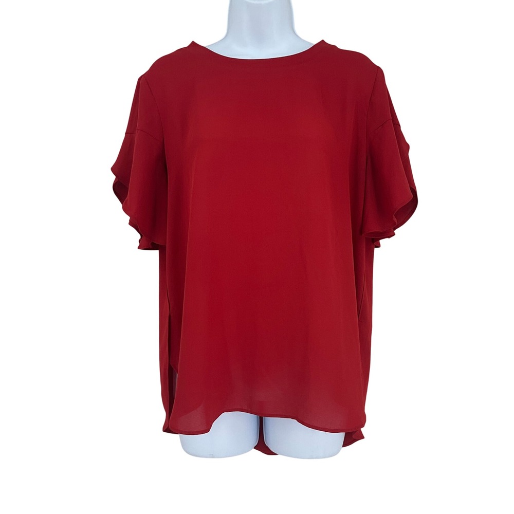 LOFT Blouse Women M Red Flutter Sleeve High-Low Classic Office Flowy Airy Bold